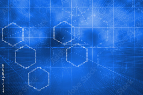 Abstract illustration of multiple geometrical shapes over grid lines against blue background
