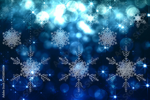 Abstract illustration of christmas snowflake decorations over spots of light against blue background