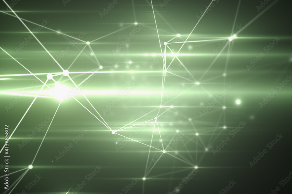 Fototapeta premium Abstract illustration of green glowing network of connections and bright spot of light against black