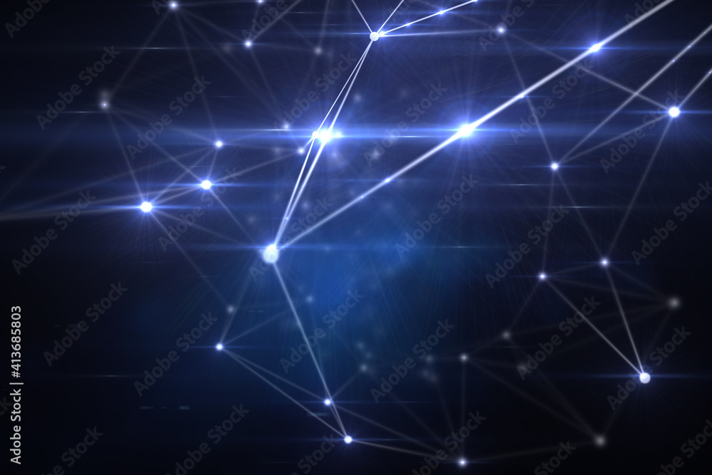 Abstract illustration of blue glowing network of connections against black background