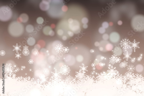 Abstract illustration of christmas snowflakes and spots of bokeh light against grey background