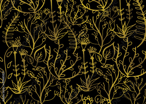 Abstract illustration of decorative yellow floral design against black background