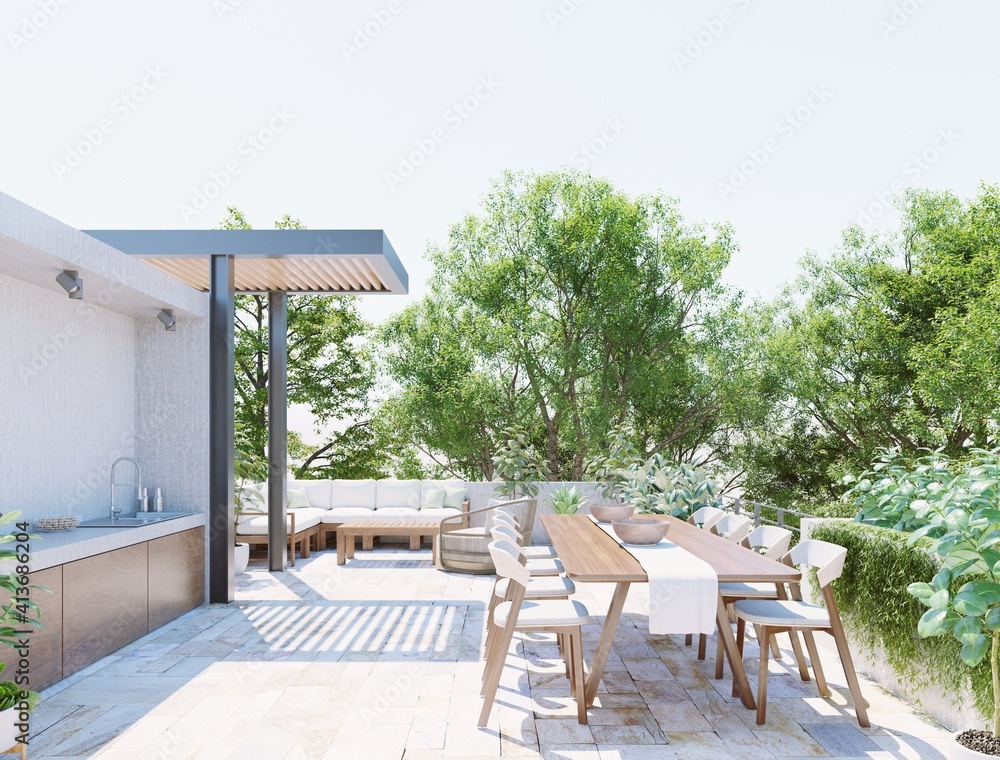 3d rendering of modern style patio with pergola and in tropical environment