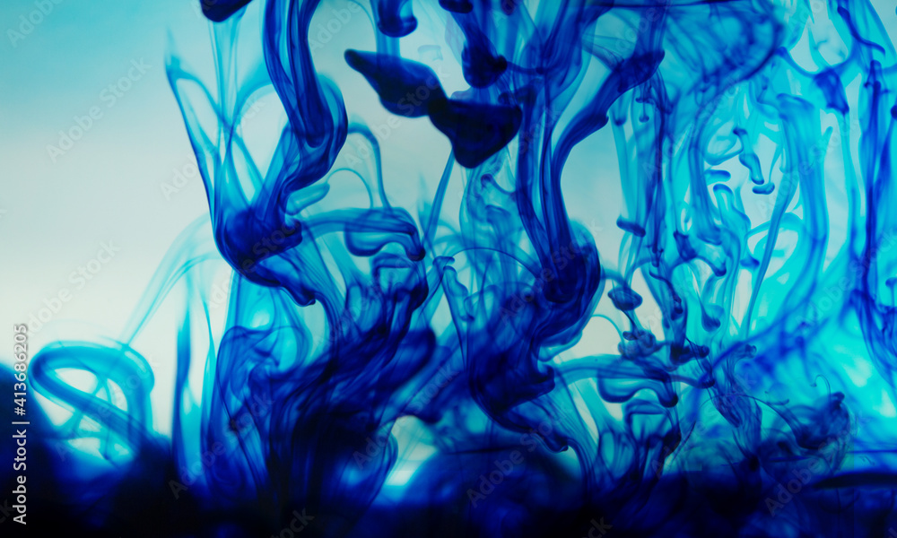 Abstract illustration of blue color acrylic ink in water against white background