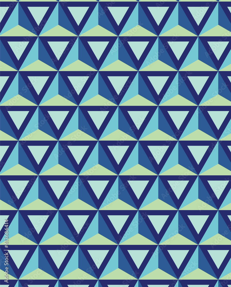 Abstract illustration of blue geometrical triangular shapes in seamless pattern against green backgr Abstract illustration of blue geometrical triangular shapes in seamless pattern against green backgr