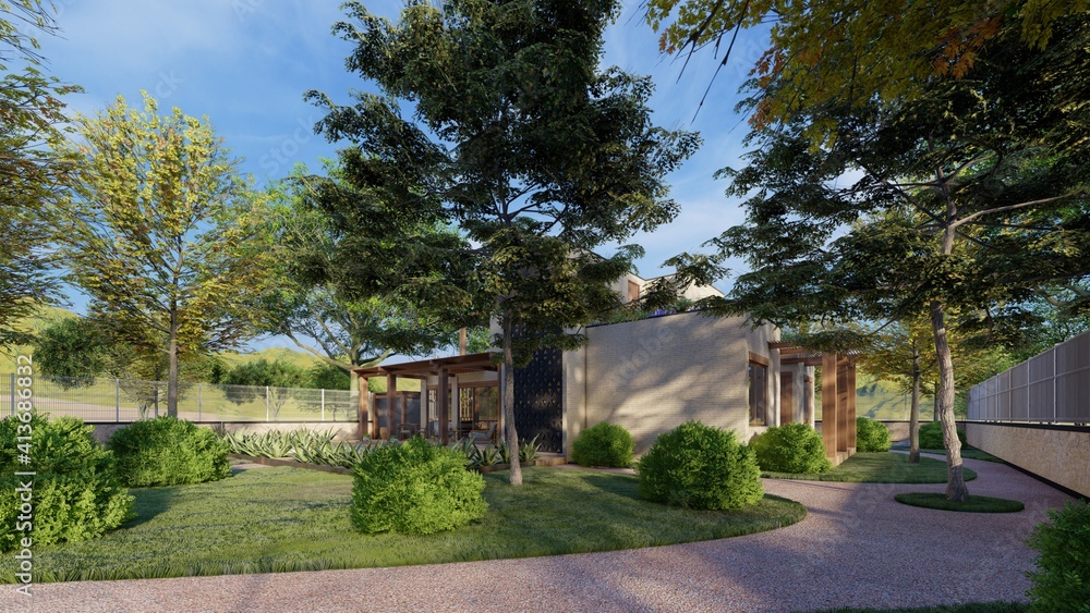 3d rendering of modern house surrounded by large trees in the garden