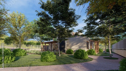 3d rendering of modern house surrounded by large trees in the garden