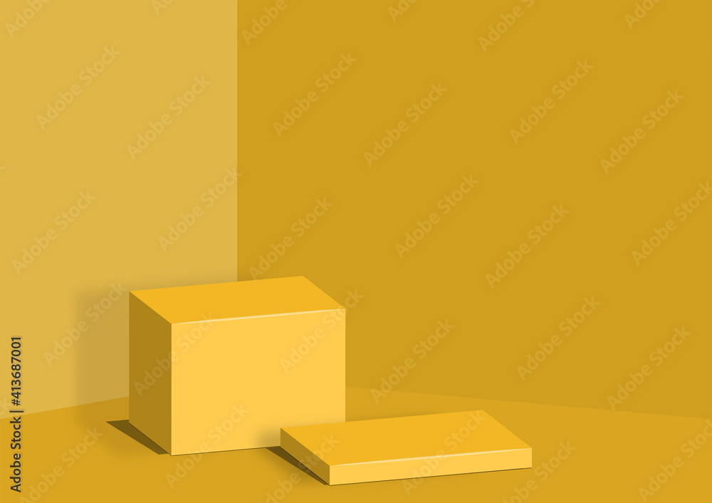 Cube pedestal template yellow tone. Studio scene for product, display, show, on yellow background. Modern backdrop. Minimal style. Vector illustration. Cube pedestal template yellow tone. Studio scene for product, display, show, on yellow background. Modern backdrop. Minimal style. Vector illustration.