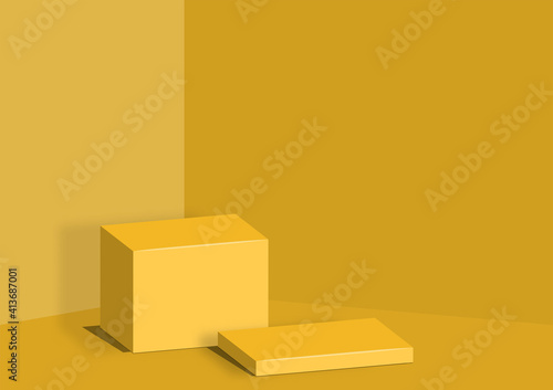 Cube pedestal template yellow tone. Studio scene for product, display, show, on yellow background.  Modern backdrop. Minimal style. Vector illustration.