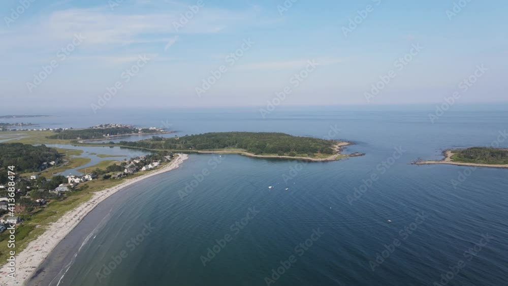 Aerial Panning Shot of beautiful white sandy beach and Coast line view of small Islands. Aerial Panning Shot of beautiful white sandy beach and Coast line view of small Islands.