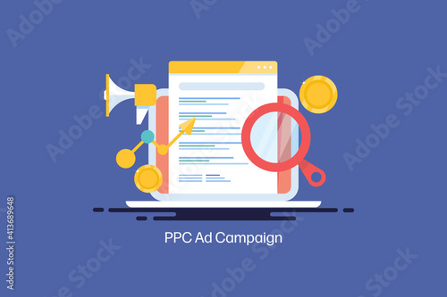 PPC ad campaign and digital marketing strategy, paid online media promotion, search engine marketing for internet, pay per click concept. Flat design vector illustration banner.