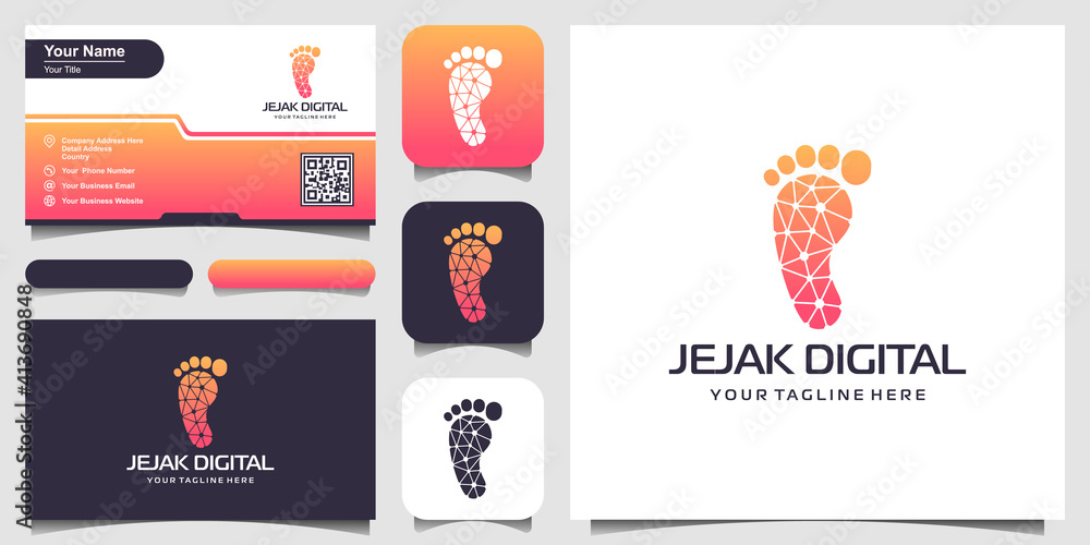 Fototapeta premium Digital tracking emblem. Research and analytic company. Biometric information protection. Footprint with chip pattern.