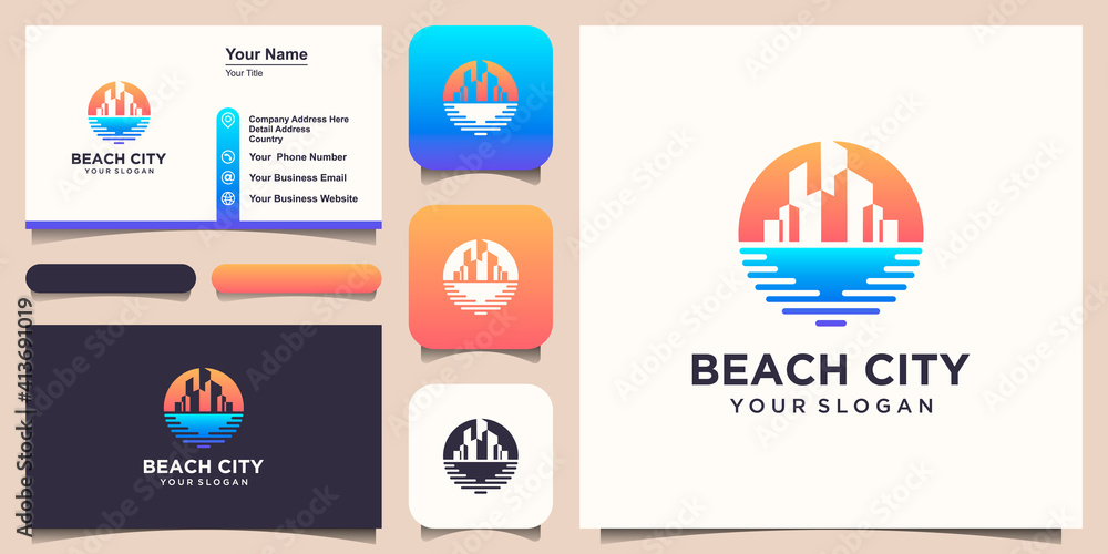 beach building Logo Design Template and business card design.