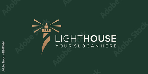 Lighthouse Searchlight Beacon Tower Island Simple style logo design.