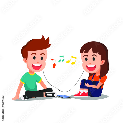 Two children listen to music together using earphone