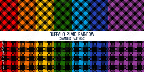 rainbow colored buffalo plaid vector seamless pattern set