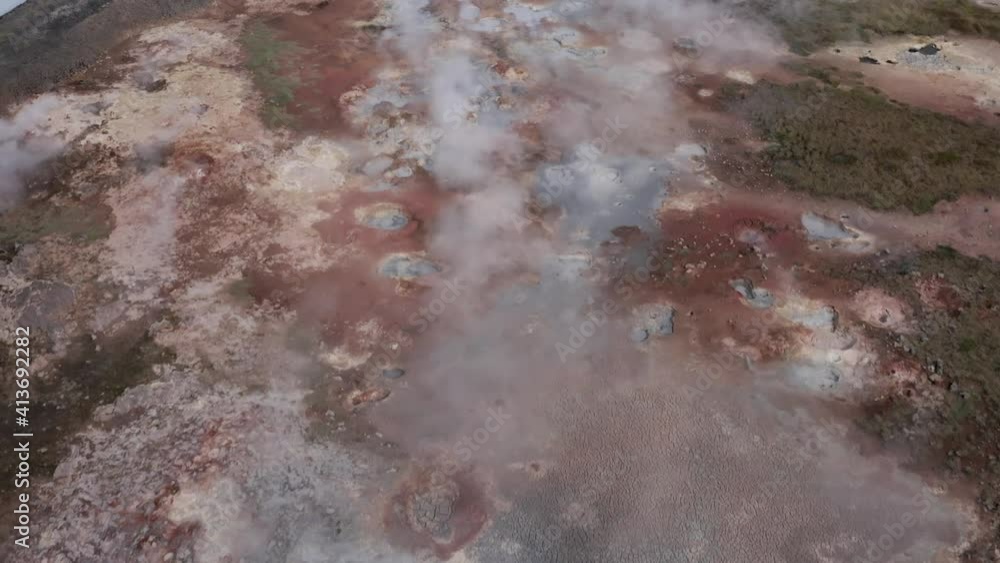 Active volcanic landscape in Iceland with several mud pools and smoke Active volcanic landscape in Iceland with several mud pools and smoke