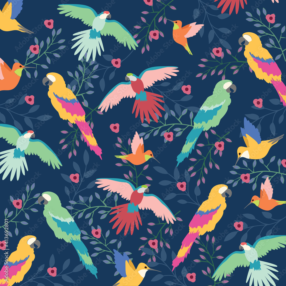 Fototapeta premium Digitally generated illustration of beautiful tropical exotic parrot birds and floral leaves against