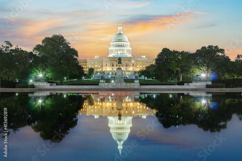 The United States pf America capitol building on sunrise and sunset. Washington DC. USA.