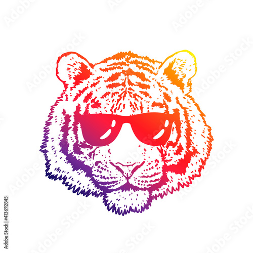 Beautiful rainbow noble tiger with sunglasses. Tiger head. The symbol of the new 2022.
