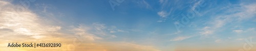Dramatic panorama sky with cloud on sunrise and sunset time. Panoramic image...