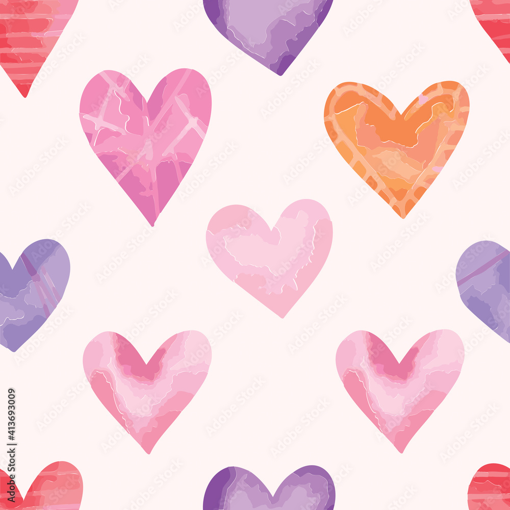 Multiple pink, orange and purple hearts on pale pink background