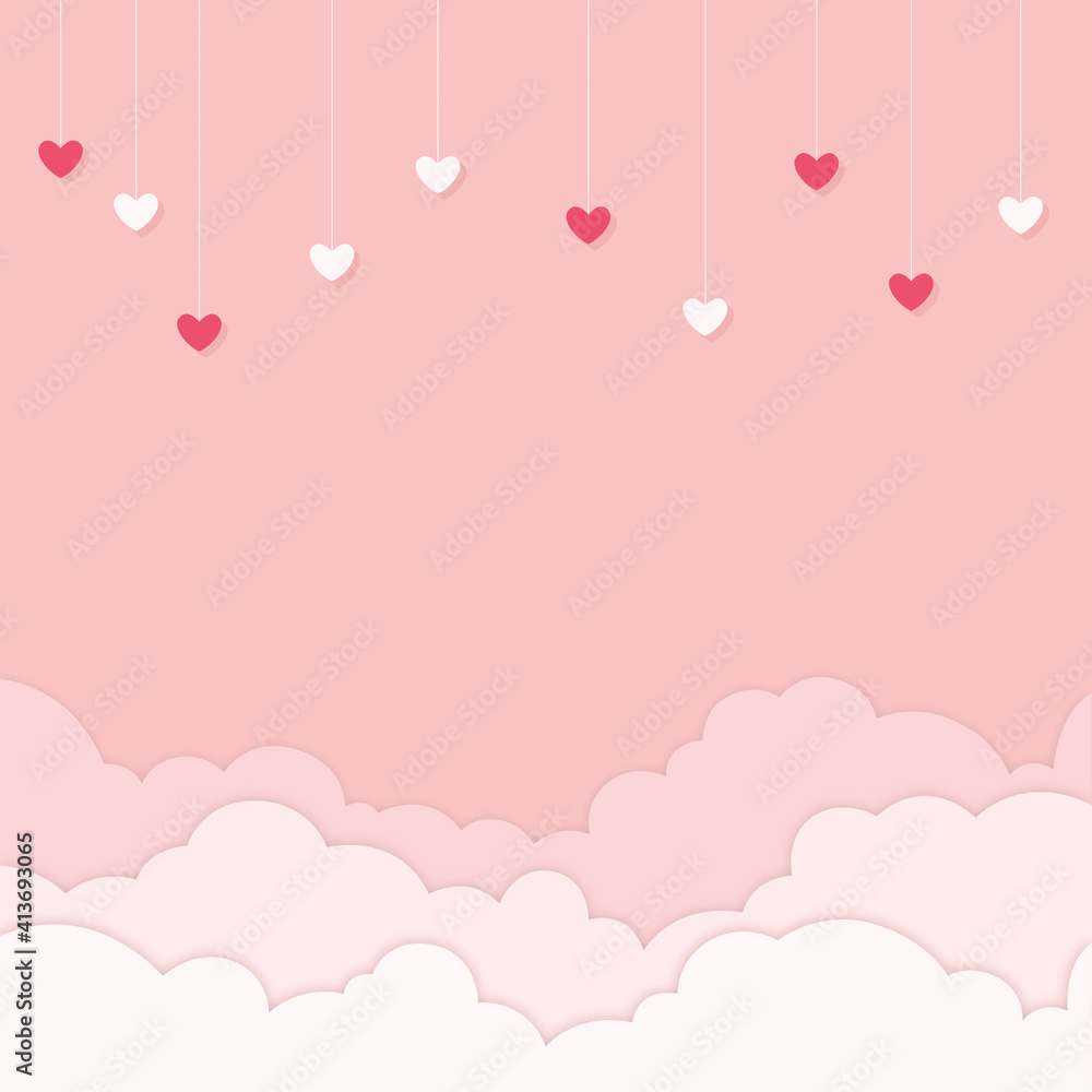 Multiple red and white hearts hanging on pink background