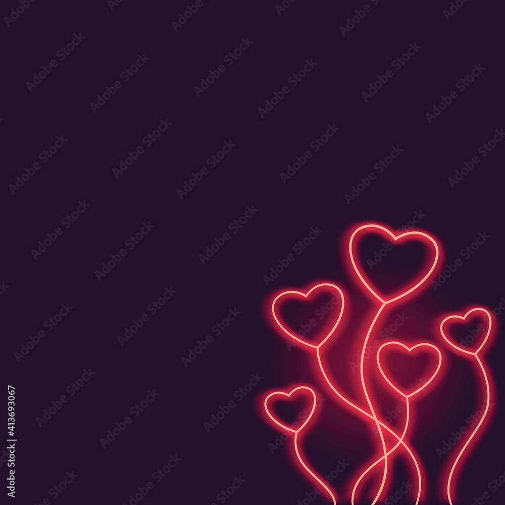 Multiple pink glowing neon hearts on dark purple background