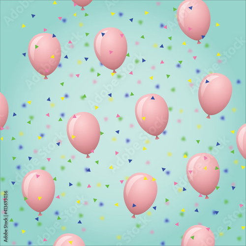 Falling confetti over multiple pink balloons over green background