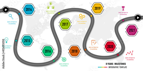 8 years roadmap, project milestones, timeline infographics for annual report and presentation	