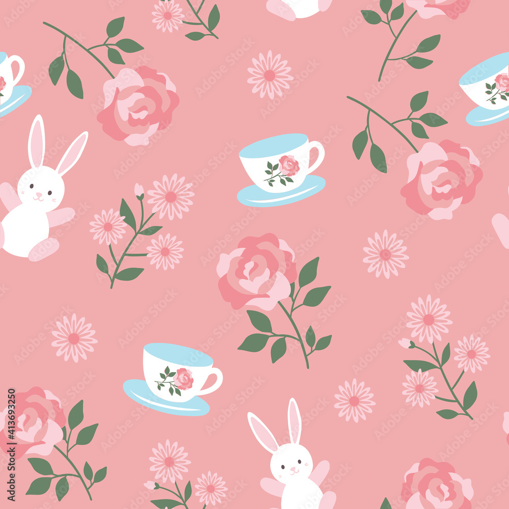 Fototapeta premium White bunny, tea cup and flowers on pale pink background