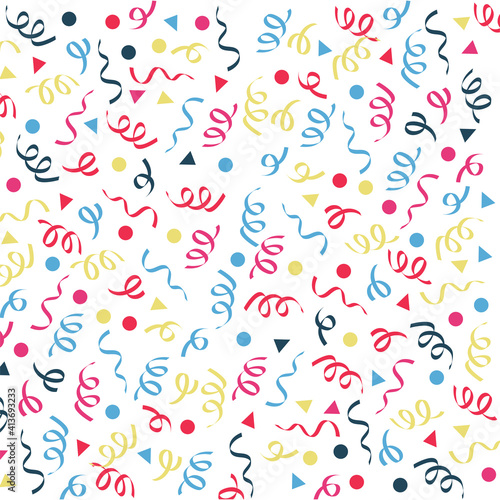 Pink, yellow and blue party poppers and shapes on white background