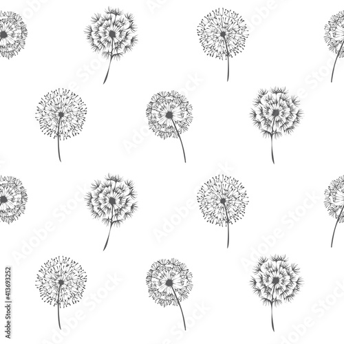 Multiple black outlined dandelions in rows on white background