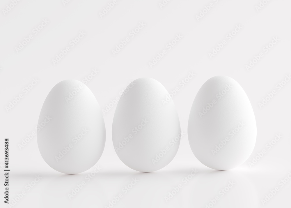 Three white eggs on a white background. Easter holiday. 3D rendering and 3D illustration. Three white eggs on a white background. Easter holiday. 3D rendering and 3D illustration.