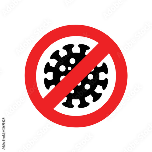 Coronavirus, stop covid-19 icon vector concept with red circle crossed out and virus cell inside isolated on white background