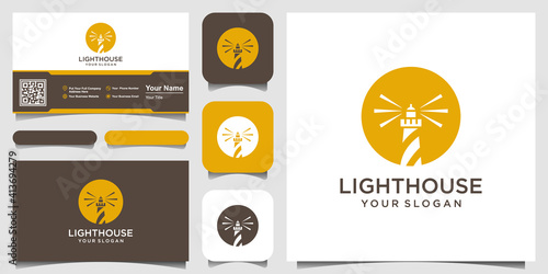 Lighthouse Searchlight Tower Island with circle concept Simple Line Art style logo design.