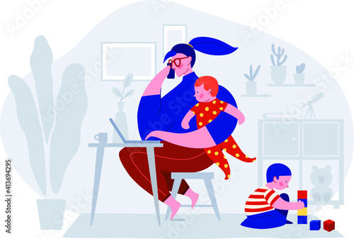 Modern mom balances between work and child home schooling on sick leave or quarantine. Mother works from home with kid. Woman responding on phone calls, working on computer laptop with a baby