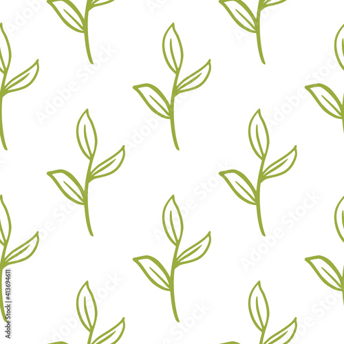 Minimalistic isolated seamless pattern with outline green branches ornament. White background.