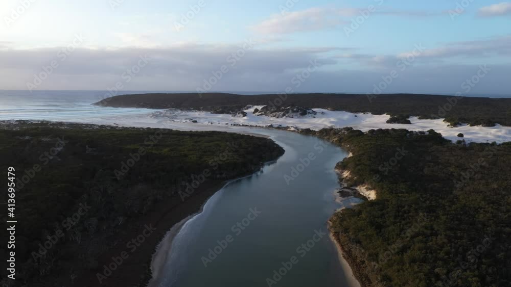 Aerial view of the Fitzgerald Inlet meeting the ocean in Fitzgerald River National Park, Western Australia Aerial view of the Fitzgerald Inlet meeting the ocean in Fitzgerald River National Park, Western Australia