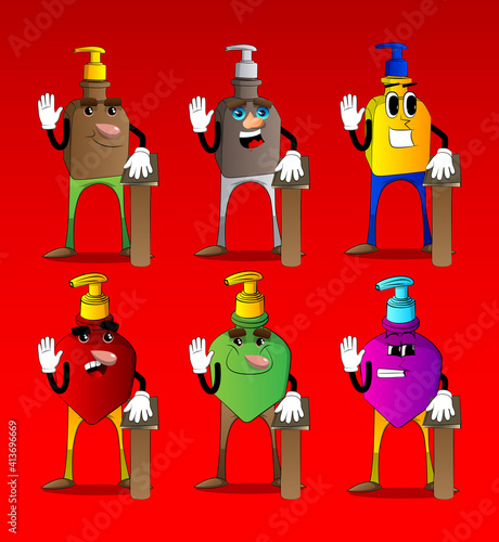 Cartoon bottle of hand sanitizer gel for hygiene with face raising his hand and put the other on a holy book.