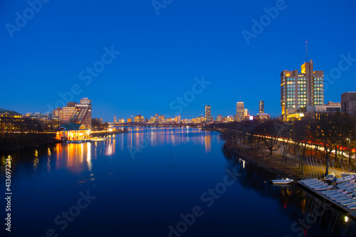 Boston Skyline at night from Boston University Bridge, Boston, Massachusetts, USA. City of Cambridge is on the left and Boston Back Bay is on the right in this photo.  © Wangkun Jia