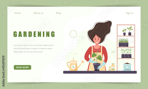Gardening hobby website landing page. Woman replanting seedlings in orangery. Vector illustration in flat cartoon style. Domestic plants nursery and care concept.