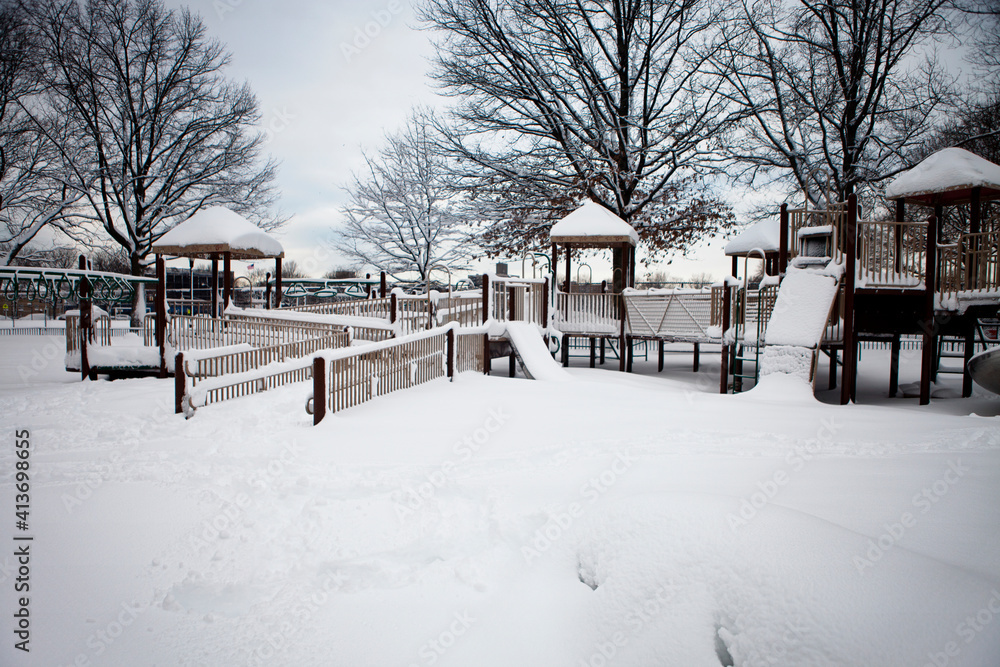 Snow covered jungle gym at park Snow covered jungle gym at park
