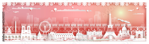 Travel landmarks popular France by train with city background.