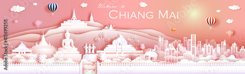 Travel landmark culture Chiangmai Thailand with temple,downtown, cityscape.