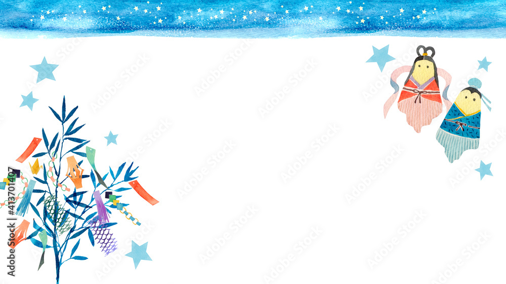 七夕 織姫と彦星 背景 フレーム 水彩 イラスト 横長 Stock Illustration Adobe Stock
