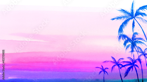 ヤシの木と夕焼け空 背景 フレーム 水彩 イラスト 横長