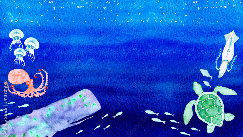 海 生き物 背景 フレーム 水彩 イラスト 横長 Stock Illustration Adobe Stock