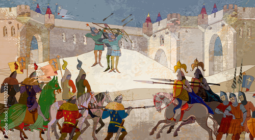Medieval war scene. Middle Ages, parchment concept. Historical miniature art. Crusaders in an armor. Soldiers of the kingdom. Ancient book vector illustration. Knightly tournament