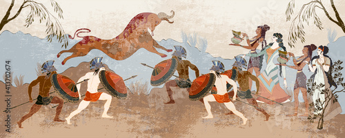 Ancient Greece banner. Hunting for Minotaur. Minoan civilization. Classical medieval style. Vector illustration